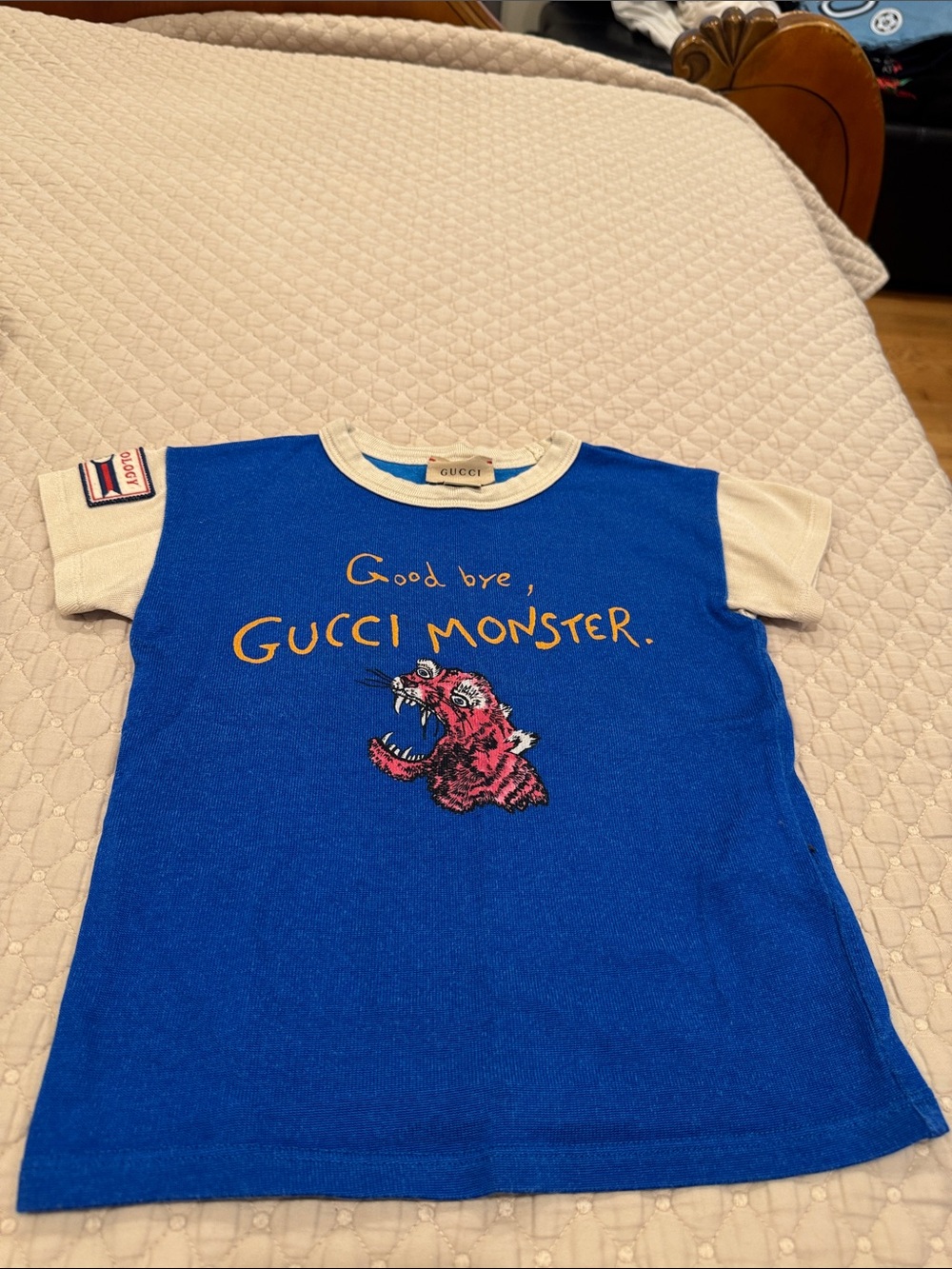 Gucci Blue Kids 'Gucci Monster' Graphic Tee with Cream Sleeves